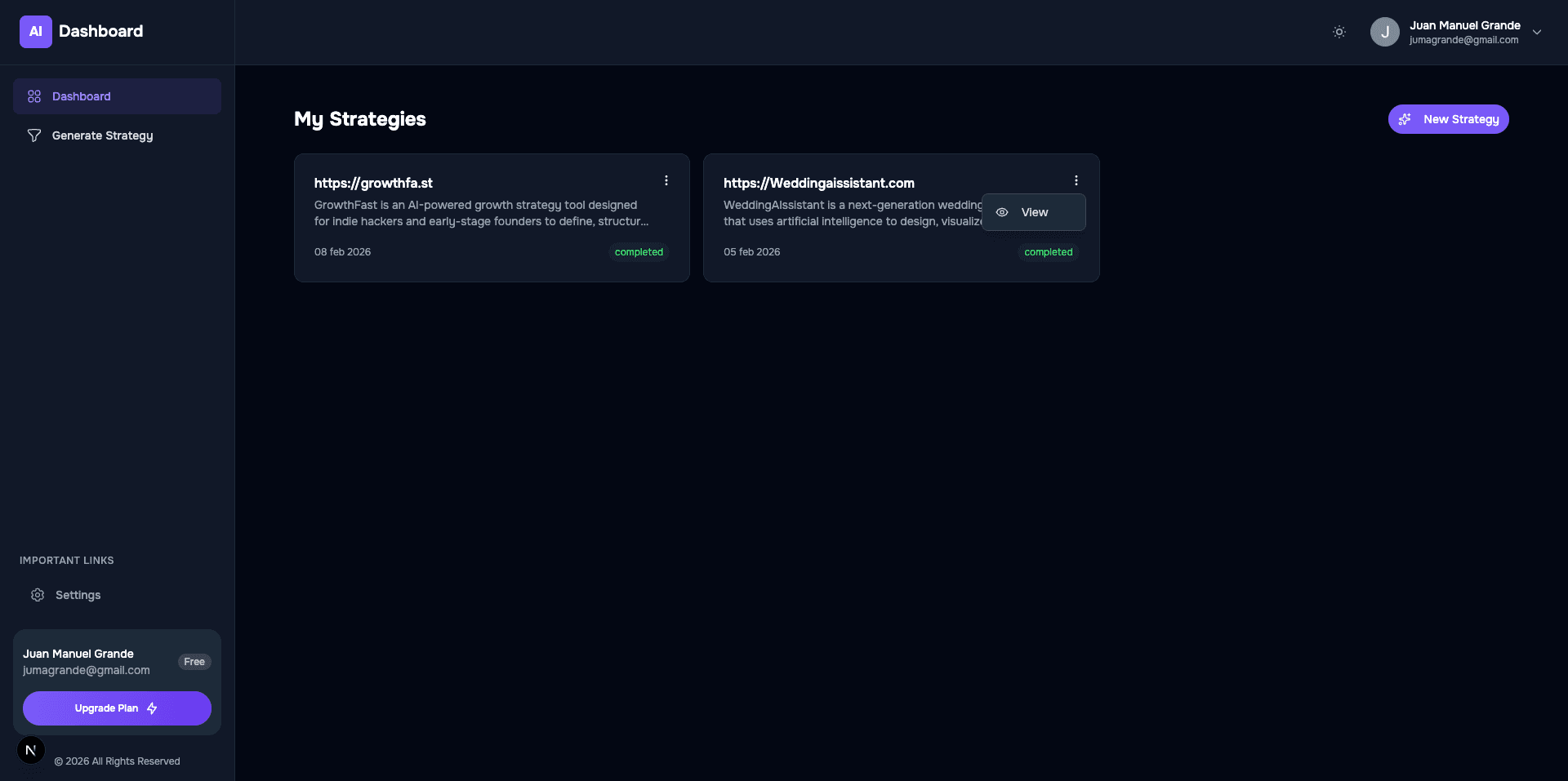 GrowthFast dashboard showing a growth strategy with Goal, Channels and 30-day plan